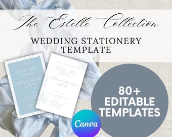 Papelería para boda en azul claro • Plantillas editables de Canva • Invitación, menú, tarjetas de ubicación, letreros, números de mesa, descarga digital