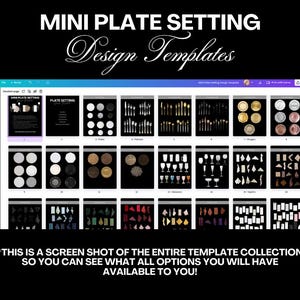 May include: Screenshot of a computer screen displaying a collection of design templates for mini plate settings. The templates feature a range of options for plates, cutlery, glasses, napkins, and other table settings.