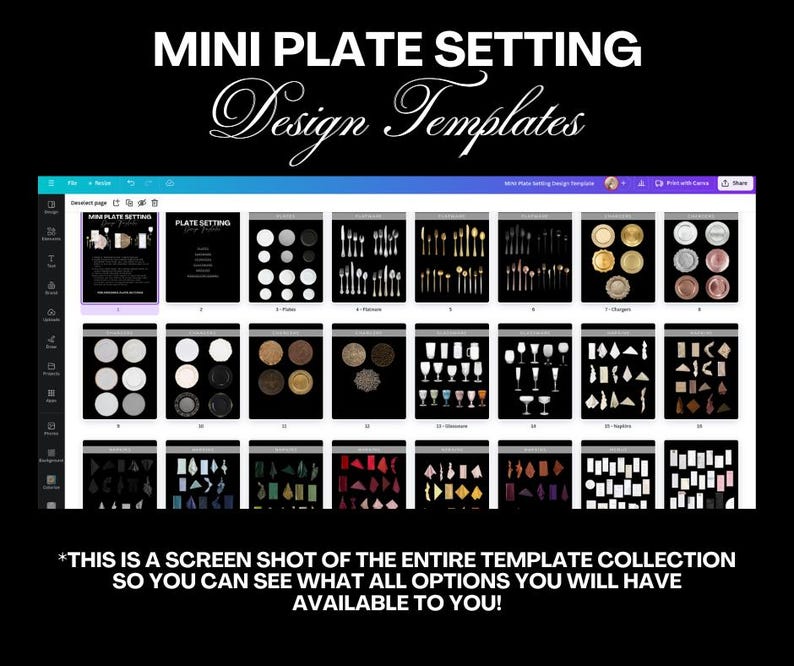 May include: Screenshot of a computer screen displaying a collection of design templates for mini plate settings. The templates feature a range of options for plates, cutlery, glasses, napkins, and other table settings.