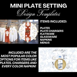 May include: A digital illustration of two different table settings for a wedding or event. The first table setting is a round table with white linens and a red runner. The second table setting is a close-up of a single place setting with a blue and white floral pattern on the plate and napkin. The text "Mini Plate Setting Design Templates" and "Items Included: Plates, Plate Chargers, Flatware, Glassware, Napkins, Menus" is visible at the top of the image. The text "Included are the most popular colour options for items like plates, chargers and every colour napkin!" is visible at the bottom of the image.