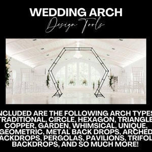 May include: A black metal wedding arch in a white room with white chairs. The text "WEDDING ARCH Design Tools" is at the top of the image. The text "INCLUDED ARE THE FOLLOWING ARCH TYPES: TRADITIONAL, CIRCLE, HEXAGON, TRIANGLE, COPPER, GARDEN, WHIMSICAL, UNIQUE, GEOMETRIC, METAL BACK DROPS, ARCHED BACKDROPS, PERGOLAS, PAVILIONS, TRIFOLD BACKDROPS, AND SO MUCH MORE!" is at the bottom of the image.