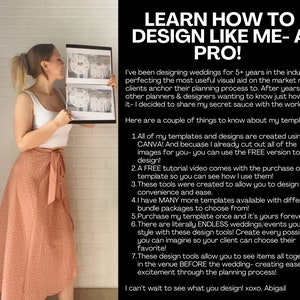 May include: A woman holds up two printed designs for wedding templates. The text on the image reads "LEARN HOW TO DESIGN LIKE ME - A PRO!" and lists several features of the templates. The woman is wearing a white top and a pink and white patterned skirt.