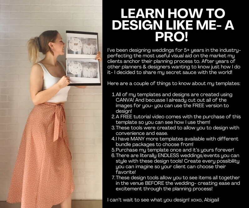 May include: A woman holds up two printed designs for wedding templates. The text on the image reads "LEARN HOW TO DESIGN LIKE ME - A PRO!" and lists several features of the templates. The woman is wearing a white top and a pink and white patterned skirt.
