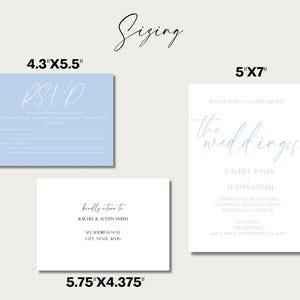May include: Three wedding invitation designs in light blue and white. The RSVP card is 4.3 inches by 5.5 inches. The invitation is 5 inches by 7 inches. The details card is 5.75 inches by 4.375 inches.