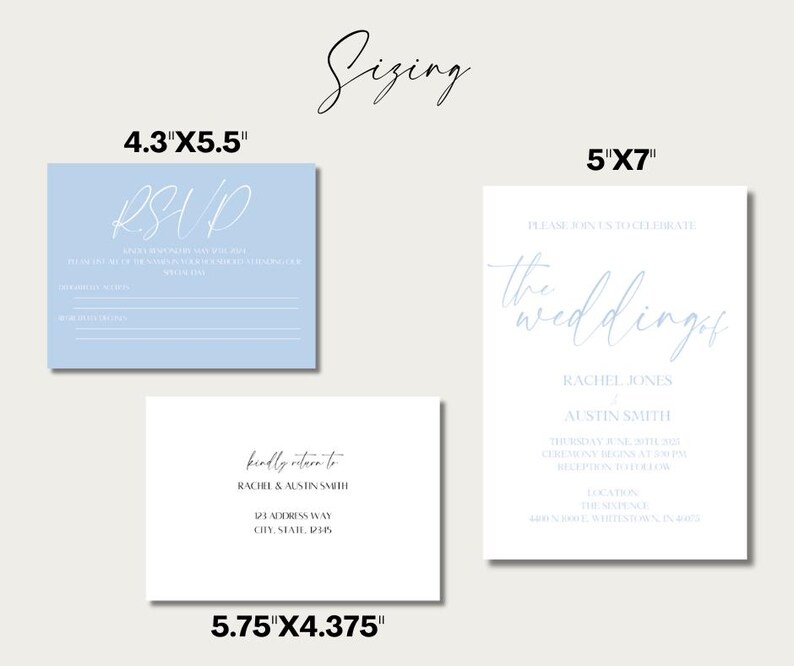 May include: Three wedding invitation designs in light blue and white. The RSVP card is 4.3 inches by 5.5 inches. The invitation is 5 inches by 7 inches. The details card is 5.75 inches by 4.375 inches.