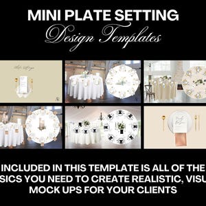 May include: A set of mini plate setting design templates for creating realistic visual mockups. The templates feature various table settings with different colours and styles.