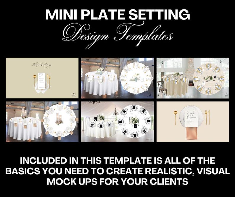 May include: A set of mini plate setting design templates for creating realistic visual mockups. The templates feature various table settings with different colours and styles.
