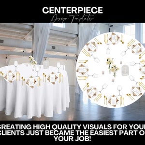 May include: A white round tablecloth with gold cutlery and place cards set on a table in a white room. The table is set for a wedding reception or other formal event. The image is a design template for creating high-quality visuals for clients.