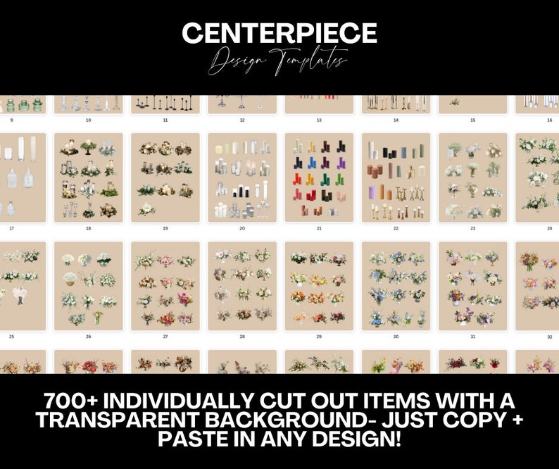 May include: A collection of over 700 individually cut out images of wedding centerpieces, candles, flowers, and other decorative elements. Each image has a transparent background, making them easy to copy and paste into any design project.