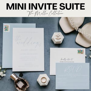 Conjunto de convites modernos azul-poeira, conjunto de convites de caligrafia moderna, convites de casamento azul-poeira, convites de casamento modernos, convites DIY