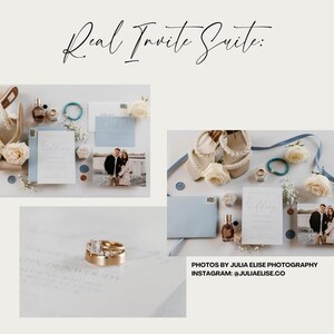 May include: A wedding invitation suite with blue and white accents. The suite includes a white invitation card with calligraphy, a blue envelope, a white card with a photo of the couple, and a pair of white heels with lace detail.