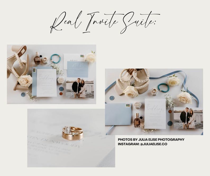 May include: A wedding invitation suite with blue and white accents. The suite includes a white invitation card with calligraphy, a blue envelope, a white card with a photo of the couple, and a pair of white heels with lace detail.