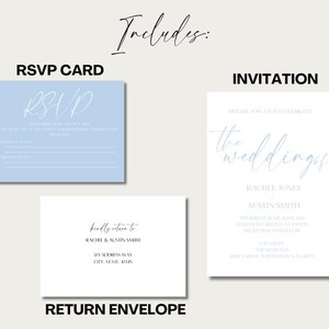 May include: A wedding invitation suite with a light blue and white color scheme. The invitation card features the text "the wedding of" in a script font. The RSVP card has the text "RSVP" in a script font. The return envelope is white with the couple's names and address printed in black.