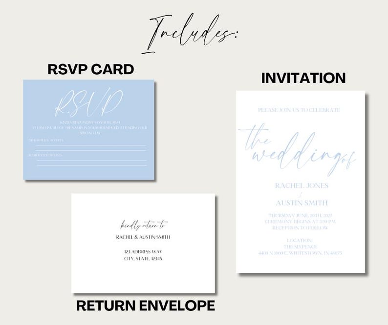 May include: A wedding invitation suite with a light blue and white color scheme. The invitation card features the text "the wedding of" in a script font. The RSVP card has the text "RSVP" in a script font. The return envelope is white with the couple's names and address printed in black.