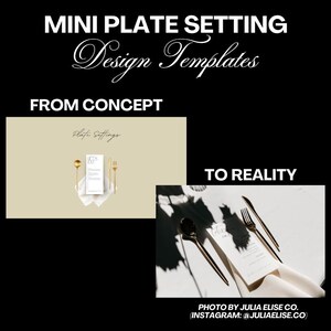 May include: A mockup of a mini plate setting design template, showing a simple place setting with a gold fork, knife, and spoon, and a white card with the text "Less is More" on a beige background. The second image shows a real-life version of the design, with a white napkin, gold cutlery, and a white card with the text "Less is More" on a white surface.