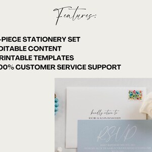 May include: A blue and white RSVP card with the text "kindly return to RACHI & AUSTIN DUNWOODY" and "RSVP" in cursive. The card is part of a 3-piece stationery set with editable content and printable templates.