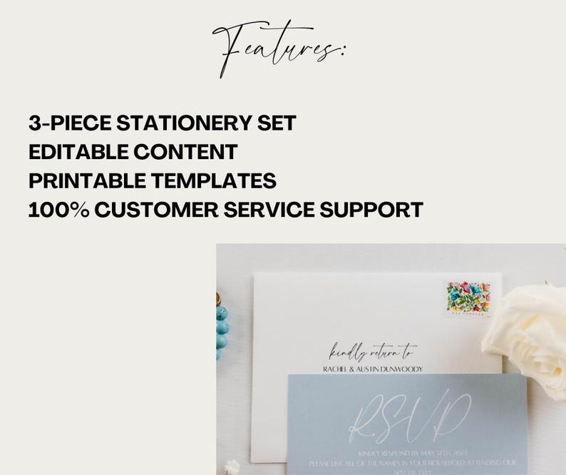 May include: A blue and white RSVP card with the text "kindly return to RACHI & AUSTIN DUNWOODY" and "RSVP" in cursive. The card is part of a 3-piece stationery set with editable content and printable templates.