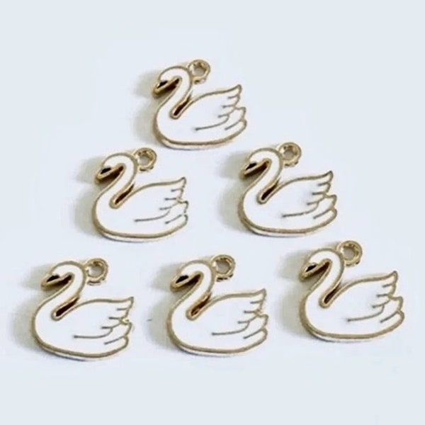 Set of 6 Beads for Jewelry Making White Enamel and Gold Metal Swan Charm Beads 14mm Item #14043