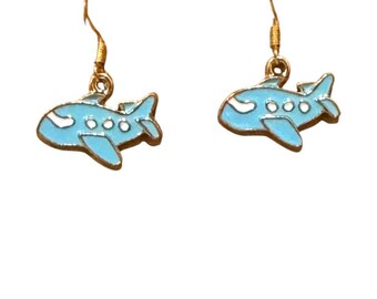 Enamel Blue Airplane Jet Charm on 10kt Gold Earrings #2228