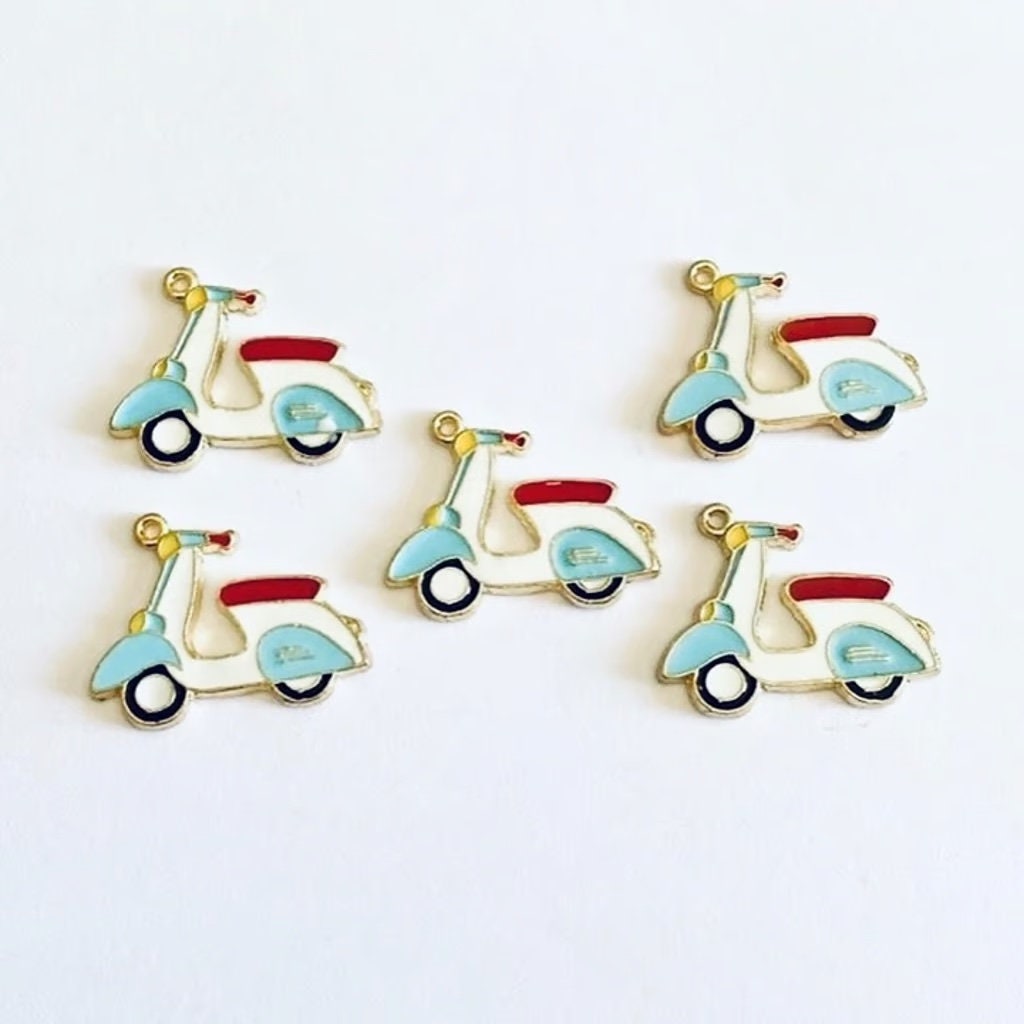 Blue & White Enamel Scooter Charm: Gold Metal Jewelry Finding (26mm)