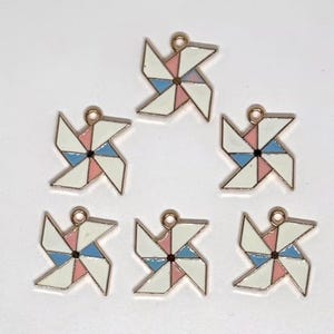 Enamel Pinwheel Charm: Pink, Blue & White Gold Metal, 16mm Item #17928, Priced per Charm