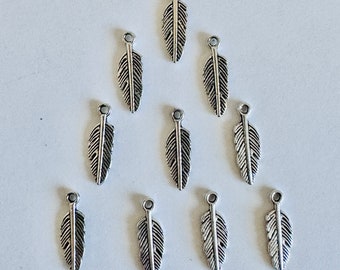 Set of 10 Beads for Jewelry Making Silver Metal Feather Charms Beads 15mm  Item #16883