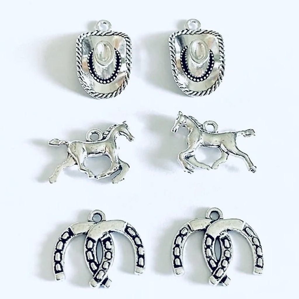 6pcs Beads for Jewelry Making Silver Metal Cowboy Themed Pendant Charms  Item #12300