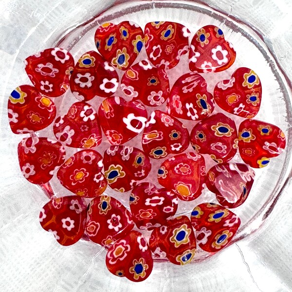 25pcs Beads for Jewelry Making Red and White Millefiori Heart Glass Beads #17086