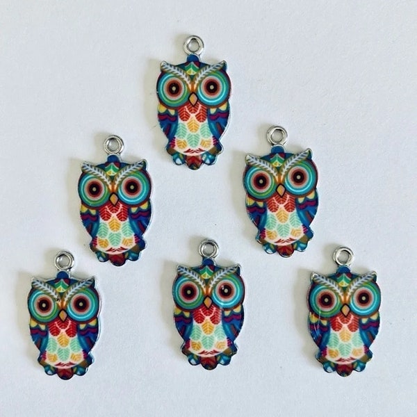 Set of 6 Beads for Jewelry Making Blue Enamel and Silver Metal Owl Charms Beads 23mm Item #13779