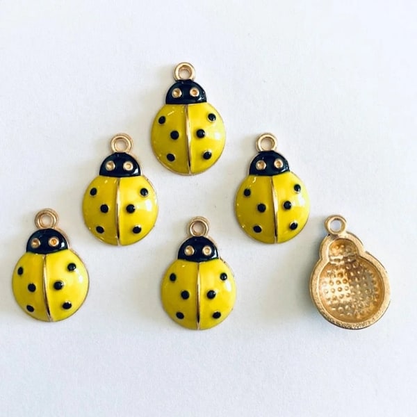Yellow Enamel and Gold Metal Ladybug Charm Beads 6 charms, 21mm Item #16287