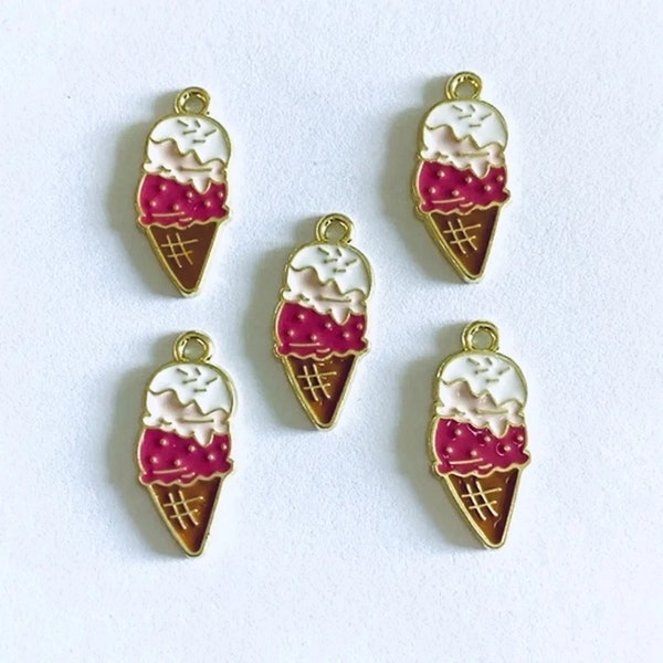 Set of 5 Pink, White and Brown Enamel and Gold Metal Ice Cream Cone Charms Beads 5 charms, 21mm  Item #12798