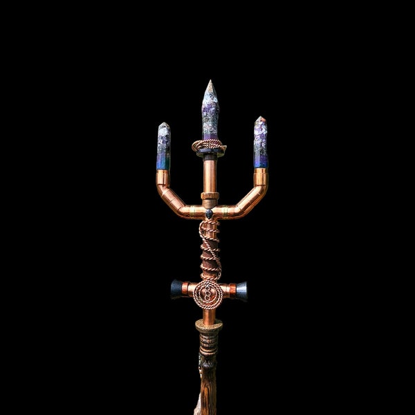 Celestial Trident. Hand crafted artisan ceremonial healing gridwork etc trident filled with orgonite and crystal matrix, ascension tools