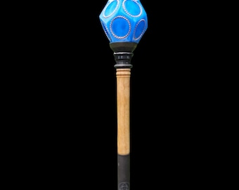 Hand made solid white oak staff with blue Dodecahedron tensor ring infused top, 66" tall, modular screws apart into 3 pieces, wizard staff