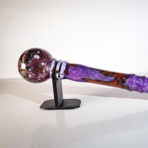 Purple Tensor Ring crystal matrix orgonite wand. Crystal Matrix Sphere with tensor rings & Cuboctahedron in sphere base. Removable ends