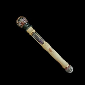 Hand made tensor ring orgonite and crystal wand with removable ends, amethyst tower inside the handle, healing wand, energy scepter
