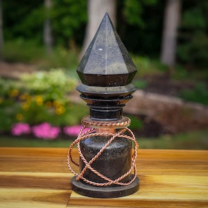Orgonite nexus tower with screw off top, removable tensor ring generator. Threaded insert on the bottom to screw onto staffs of wands