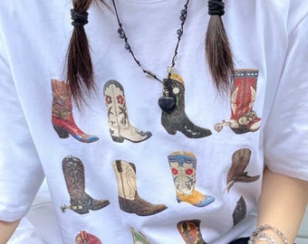 T-shirt Boot Western da donna T-shirt vintage allentata estiva Texas Cowgirl Cowboy T-shirt grafica carina Hippie retrò