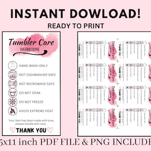 READY TO PRINT Tumbler Cup Care instructions Card, printable, small business shipping supplies, washing instructions, customer reminder image 1