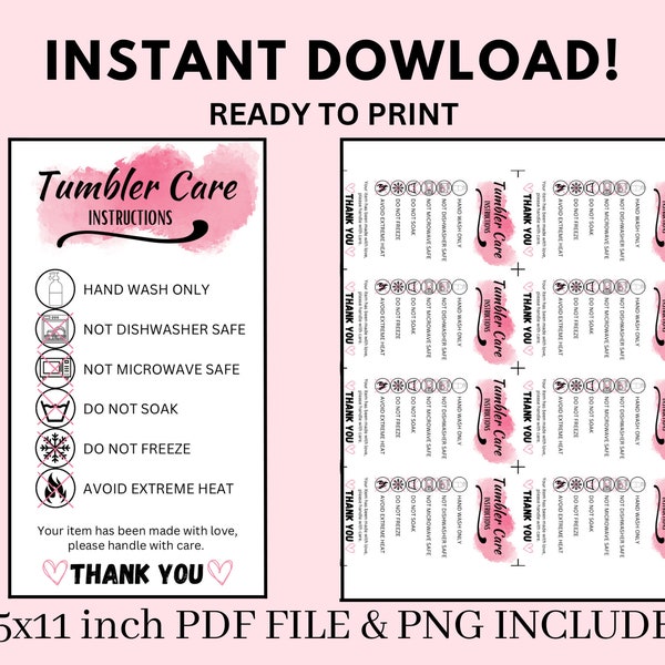 READY TO PRINT Tumbler Cup Care instructions Card, printable, small business shipping supplies, washing instructions, customer reminder