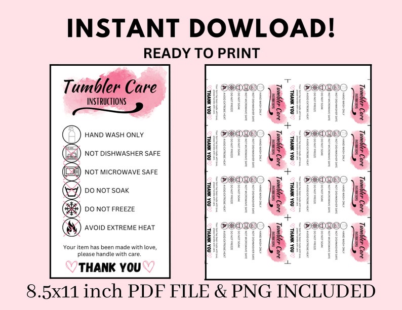 READY TO PRINT Tumbler Cup Care instructions Card, printable, small business shipping supplies, washing instructions, customer reminder image 1