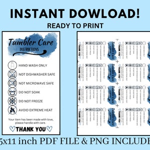 LISTO PARA IMPRIMIR Instrucciones de cuidado de la taza del vaso Tarjeta, imprimible, suministros de envío para pequeñas empresas, instrucciones de lavado, recordatorio del cliente