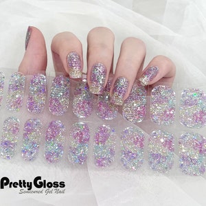 Semicured Gel Nail Wraps Nail Stickers Holographic Sequin Glitter Purple Pink Tie-Dye Translucent 22 Strips Nourish Real Gel Nail Polish
