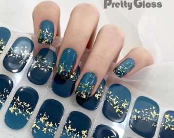 Gel Nail Wraps Shade of Dark Blue Color Glossy Star Pattern Gold Leaf Street Art 22 Strips Nourish Real Gel Nail Polish