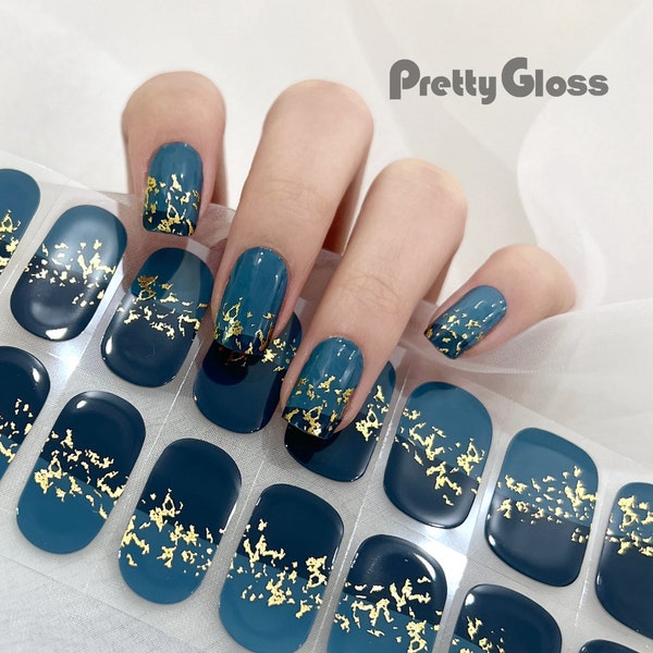 Gel Nail Wraps Shade of Dark Blue Color Glossy Star Pattern Gold Leaf Street Art 22 Strips Nourish Real Gel Nail Polish