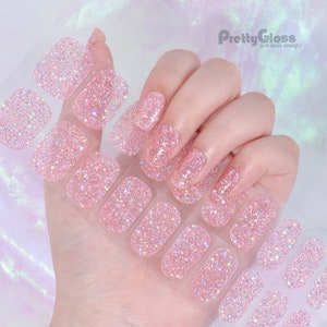 Gel Nail Wraps Transparent Holographic Sequin Pink Color Glitter Design 22 Strips Nourish Real Gel Nail Polish Sticker