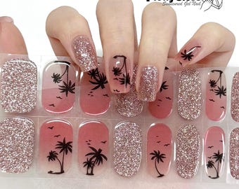 Adesivos de unhas em gel semi-curado com glitter rosa, nail art tropical com palmeiras, brilho dourado rosê, 22 unidades, unhas inspiradas no pôr do sol na praia, lâmpada UV/LED necessária.