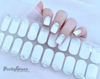 Gel Nail Wraps Nail Stickers White Color Holographic Sequin Silver Glitter Gradient Design 22 Strips Nourish Real Gel Nail Polish