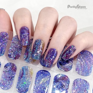 Gel Nail Wraps Nail Stickers Holographic Sequin Glitter Blue Purple Translucent Design 22 Strips Nourish Real Cured Gel Nail Polish