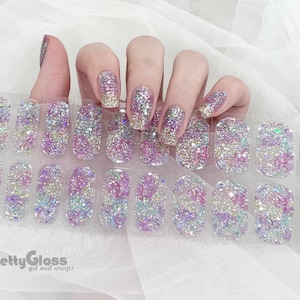 Gel Nail Wraps Nail stickers Holographic Sequin Glitter Pink Blue Purple Tie-Dye Translucent Nourish Real Cured Gel Nail Polish 22 Strips
