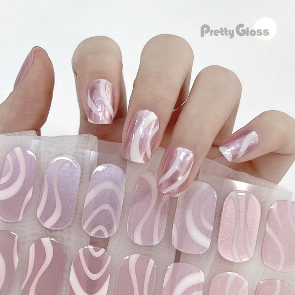 Gel Nail Wraps  White French Style Beautiful Awirl Lines Translucent Pink Pearly 20 Strips Nourish Real Gel Nail Polish